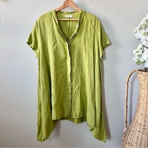 Bryn Walker 100% Linen Asymmetric Chartreuse Tunic Top Size Large Short Sleeve
